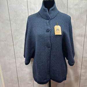 Alpaca Fina Blue Herringbone Poncho Cape Luxury Fiber Funnel Neck Buttons Cozy
